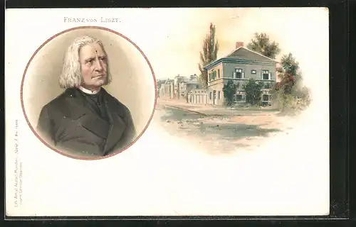 Lithographie Komponist Franz von Liszt, Gebäude