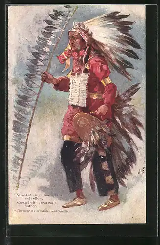 Künstler-AK Indianer mit Schild und Lanze, "Streaked with crimson..."