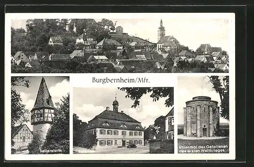 AK Burgbernheim, Gesamtansicht, Seilersturm, Rathaus, Ehrenmal der Gefallenen des ersten Weltkrieges