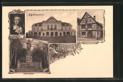 AK Marbach, Schillermuseum, Schiller-Denkmal, Schiller's Geburtshaus, Portrait des Dichters Friedrich Schiller