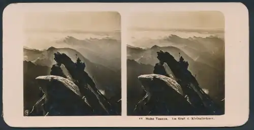 Stereo-Fotografie Fotograf unbekannt, Ansicht Hohe Tauern, Bergsteiger am Grat des Kleinglockner