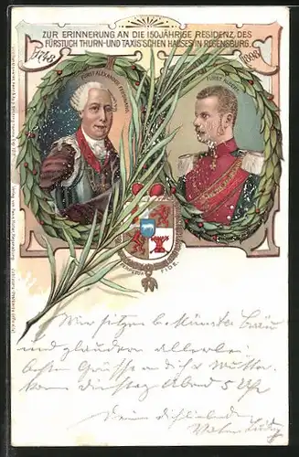 Lithographie 150 Jahre Residenz Regensburg, Fürst Alexander Ferdinand & Fürst Albert von Thurn & Taxis, Wappen