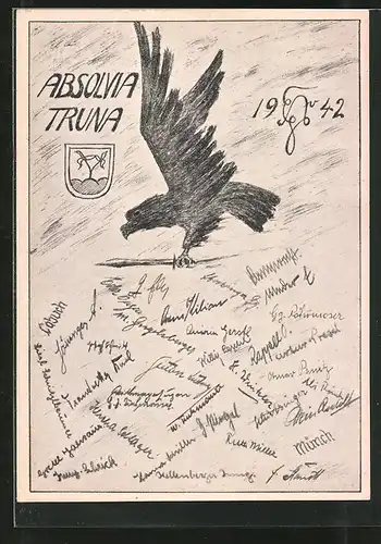 AK Traunstein, Studentenverbindung Absolvia Truna 1942, Adler mit Schwert, Wappen, Unterschriften