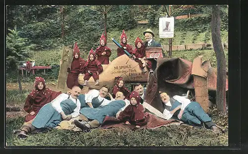 AK Döbeln, 600-jähriges Innungs-Jubiläum der Schuhmacher-Innung 1925, Stiefelbaukolonne mit Heinzelmännchen