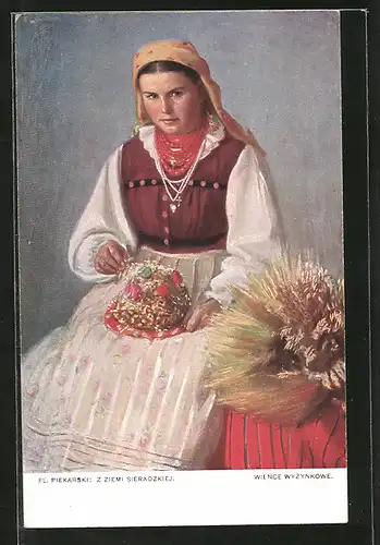 Künstler-AK polnische Bäuerin in Tracht mit Kuchen