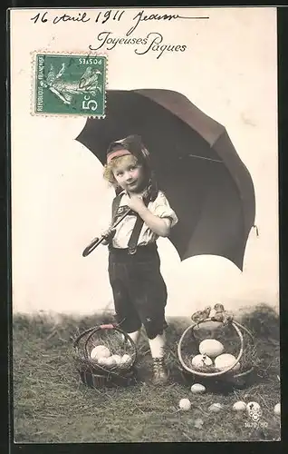 Foto-AK RPH SBW: 1679/80, "Joyeuses Pâques!", Junge mit Küken und Ostereiern