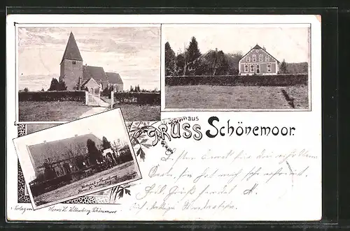 AK Schönemoor, Blick auf die Kirche, Wirtschaft und Handlung H. Wittenberg