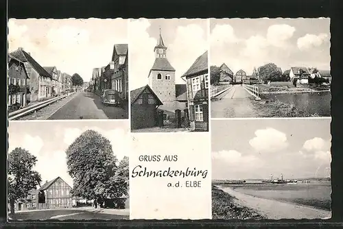 AK Schnackenburg, Ortspartien mit Fachwerkhaus und Kirche