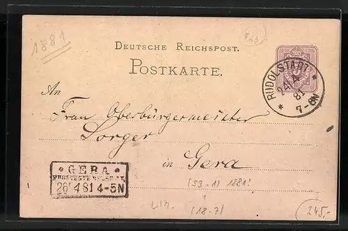Vorläufer-AK Rudolstadt, 1881, Ganzsache 5 Pfennig Deutsche Reichspost, Schankgast mit Trinkkrug
