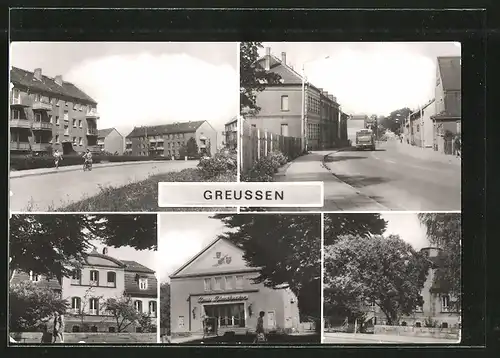 AK Greussen, Strasse der DSF, Kindergarten, Neues Filmtheater, Blick zur Lindenstrasse