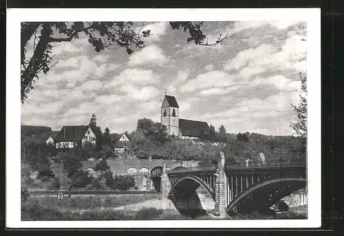 AK Plochingen, Brückenpartie mit evang. Kirche