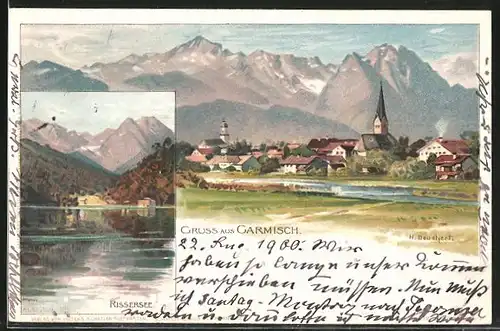 Künstler-Lithographie Heinrich Deuchert: Garmisch, Partie am Rissersee, Blick zum Ort