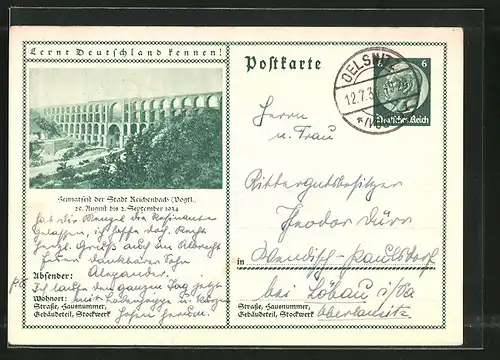 AK Reichenbach, Heimatfest 1934, Viadukt, Ganzsache Lernt Deutschland kennen