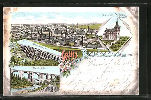 Lithographie Reichenbach, Restaurant zur schönen Aussicht, Göltzschtalbrücke, Elstertalbrücke