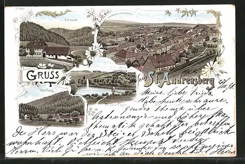 Lithographie St. Andreasberg, Schlucht, Teichanlagen, Oderhaus, Ortsansicht aus der Vogelschau
