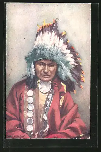 AK Indian Chiefs, Red Owl, Häuptling mit Federschmuck