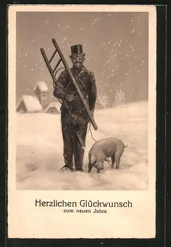 AK Lachender Schornsteinfeger mit Schwein im Schneegestöber