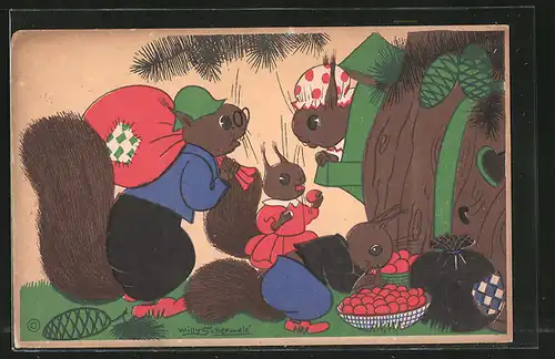 Künstler-AK Willy Schermele: Winter-Store, Eichhörnchen sammeln Nüsse