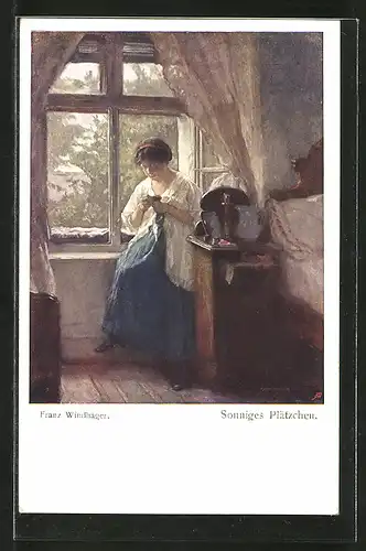 Künstler-AK Brüder Kohn (B.K.W.I) Nr. 1046: Sonniges Plätzchen, Frau bei Handarbeit