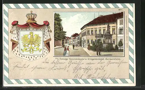 Passepartout-Lithographie Germersheim, K. Festungs-Kommandantur & Kriegerdenkmal, Wappen