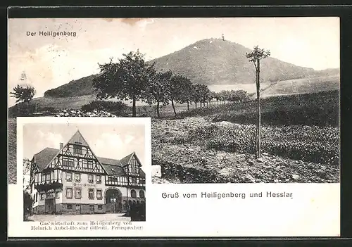 AK Hesslar, Gasthaus zum Heiligenberg v. H. Aubel-Hesslar, Blick zum Heiligenberg