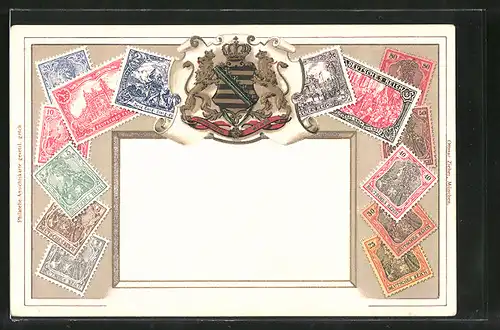 Präge-Lithographie Wappen von Sachsen und Deutsches Reich-Briefmarken