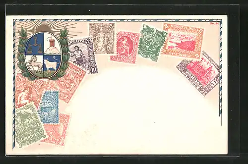 Lithographie Briefmarken und Wappen von Uruguay