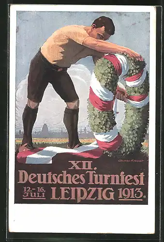 Künstler-AK Leipzig, XII. Deutsches Turnfest 1913, Turner mit Kranz