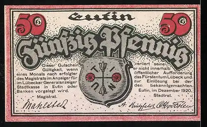 Notgeld Eutin 1920, 50 Pfennig, Schloss, Stadtwappen