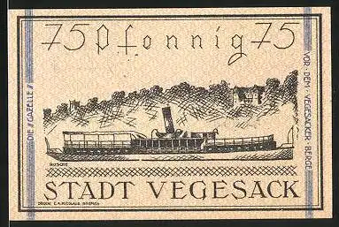 Notgeld Vegesack 1921, 75 Pfennig, Stadtwappen, Dampfer