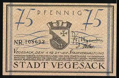 Notgeld Vegesack 1921, 75 Pfennig, Stadtwappen, Dampfer