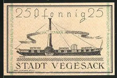 Notgeld Vegesack 1921, 25 Pfennig, Stadtwappen, Dampfer