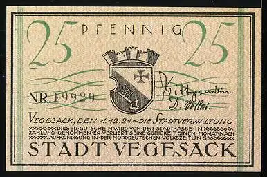 Notgeld Vegesack 1921, 25 Pfennig, Stadtwappen, Dampfer