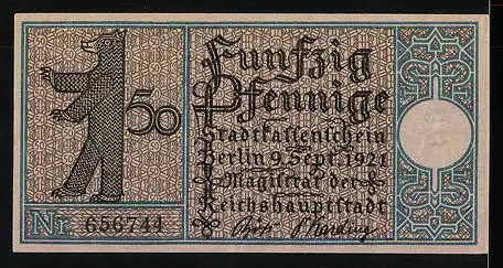 Notgeld Berlin 1921, 50 Pfennig, Berliner Bär, Spandau um 1800
