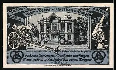 Notgeld Tangerhütte 1921, 25 Pfennig, Haubitze, Verwaltungsgebäude vom Schiessplatz Tangerhütte