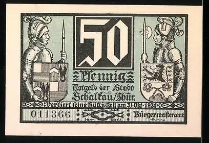 Notgeld Schalkau in Thüringen 1921, 50 Pfennig, Ritter mit Stadtwappen, Gefangener wird aufgehangen