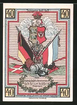 Notgeld Stedesand 1921, 40 Pfennig, Büger vor Stalltür, Stadtwappen und Flaggen