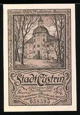 Notgeld Cüstrin 1921, 50 Pfennig, Stadtwappen, Festungsturm