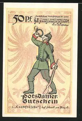 Notgeld Potsdam 1921, 50 Pfennig, Stadtwappen, Soldat bläst das Horn