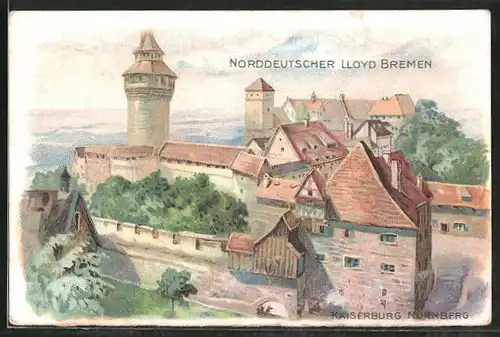 Lithographie Nürnberg, Blick über die Kaiserburg Nürnberg