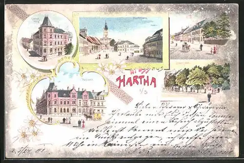 Lithographie Hartha, Central Hotel, Postamt, Marktplatz, Stadtpark