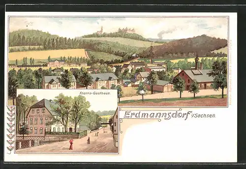 Lithographie Erdmannsdorf, Totalansicht, Knorrs-Gasthaus