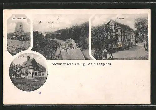 AK Langenau, Schule, Blick zum Gasthof, Denkstein 1813