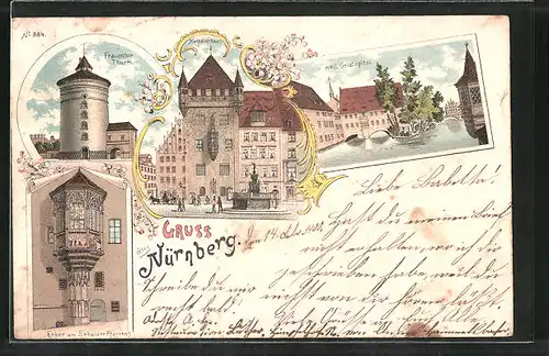 Lithographie Nürnberg, Frauenthorturm, Naussauer Haus, Heil. Geisthospital