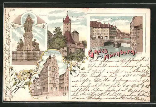 Lithographie Nürnberg, Martin-Denkmal, Burg Luginsland, Museumbrücke