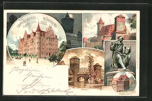 Lithographie Nürnberg, Grabd Hotel, Henkersteg, Hans-Sachs Monument