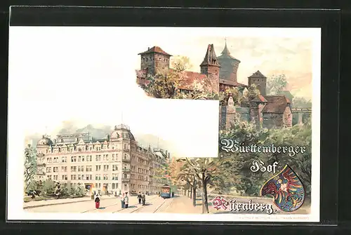 Lithographie Nürnberg, Hotel Württemberger Hof, Strassenbahn