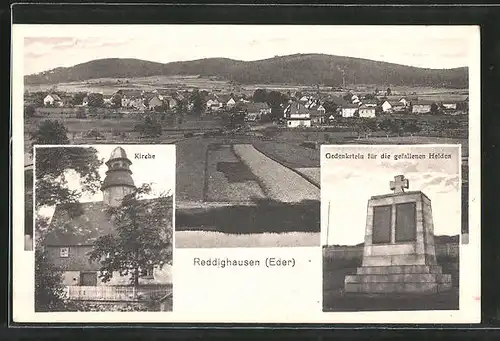 AK Reddighausen, Gedenkstein für die gefallenen Helden, Kirche, Gesamtansicht