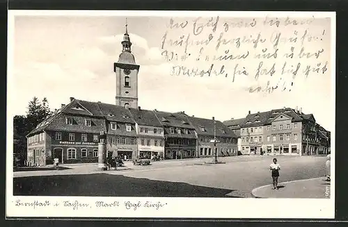 AK Bernstadt, Markt mit ev. Kirche