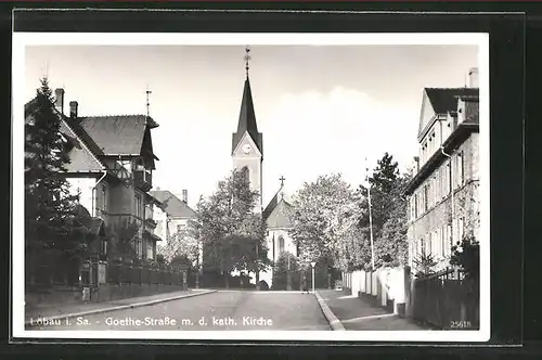 AK Löbau, Goethe-Strasse mit kath. Kirche